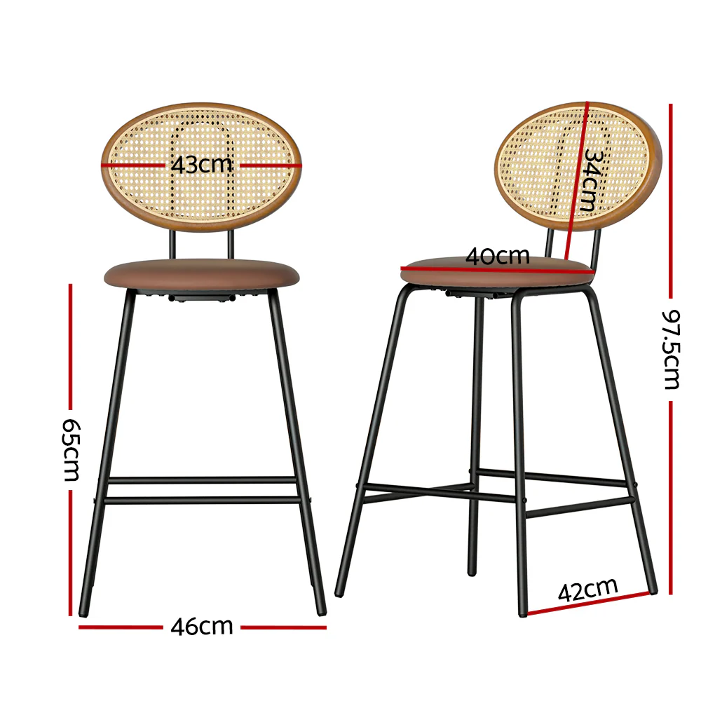 Set of 2 Valletta Bar Stools Kitchen Stool Metal Counter Rattan - Brown - Nurns