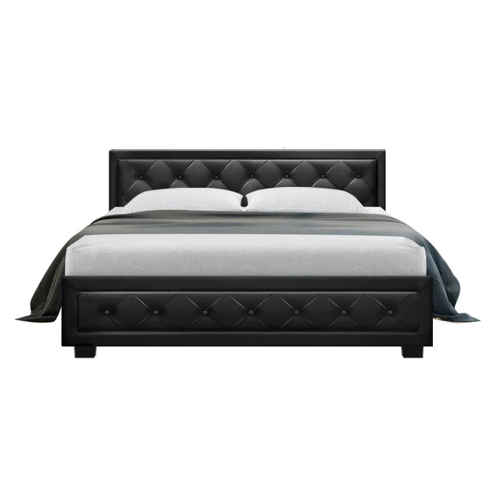 Savannah Bed Frame PU Leather Gas Lift Storage - Black Queen - Nurns
