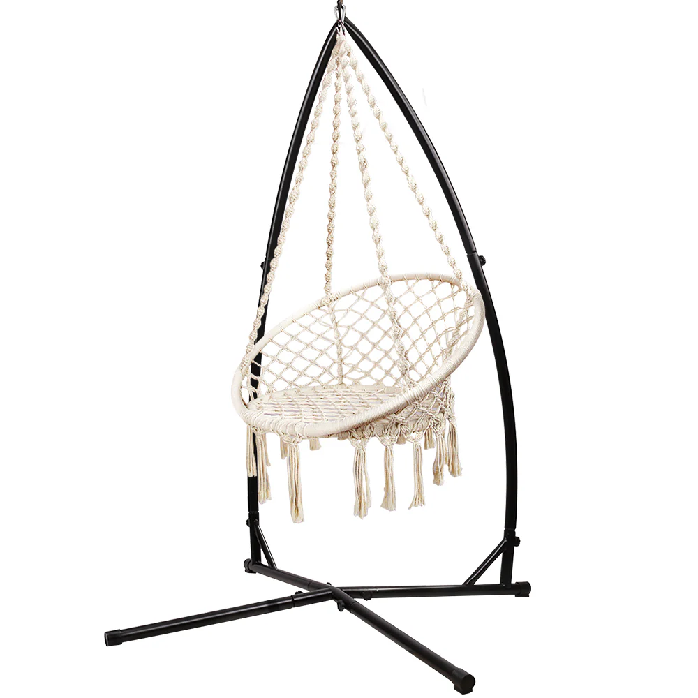 Hammock Chair with Steel Stand Macrame Outdoor Swinging - Cream - Nurns