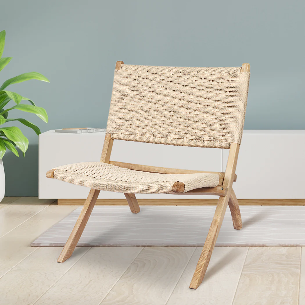 Foldable Single Deck Chair Solid Wood Kraft Rope Paper Woven Seat - Natural - Nurns