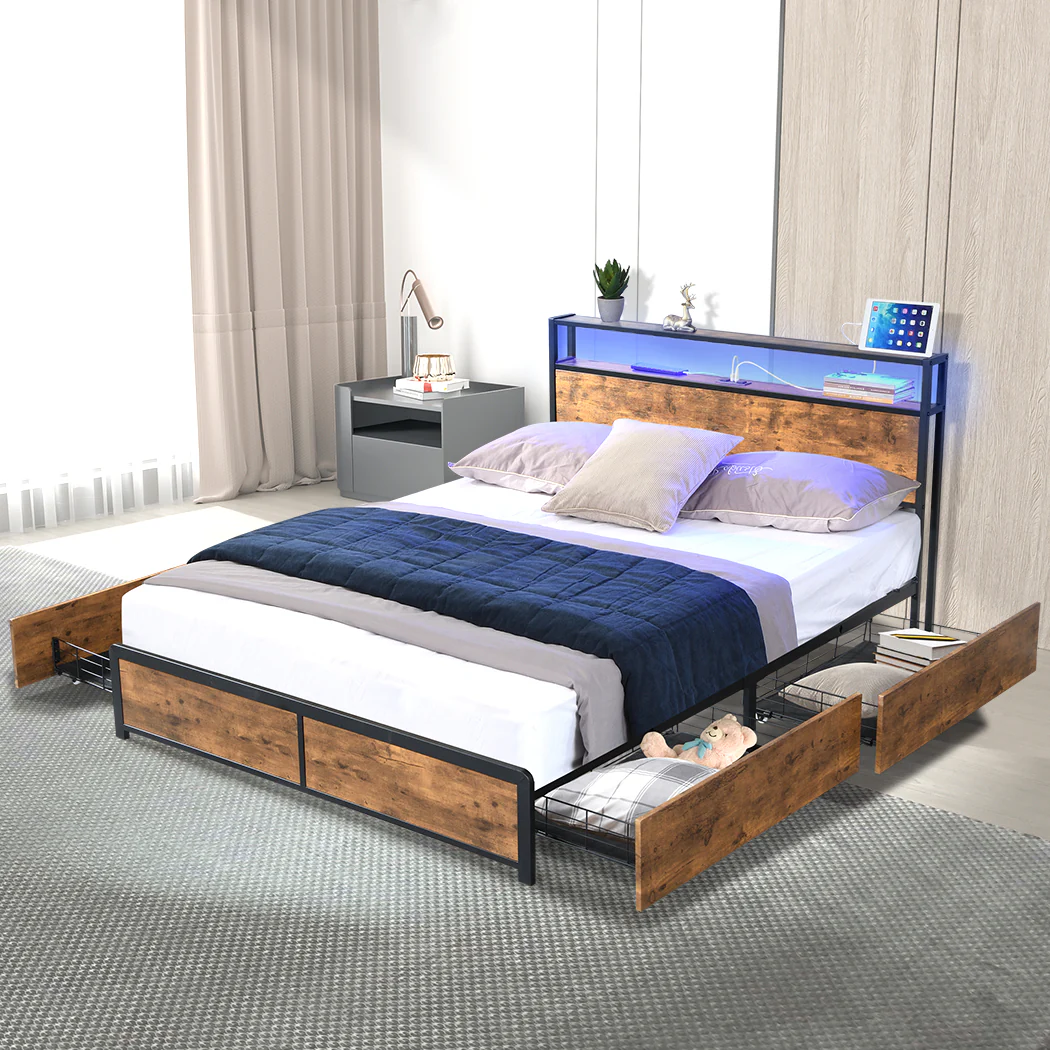 Maylen LED Bed Frame with 4 Drawers and USB Charger - Brown Queen - Nurns