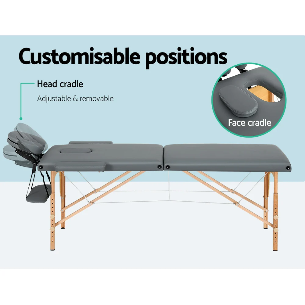 Massage Table 56cm Portable 2 Fold Wooden Beauty Bed Grey - Nurns