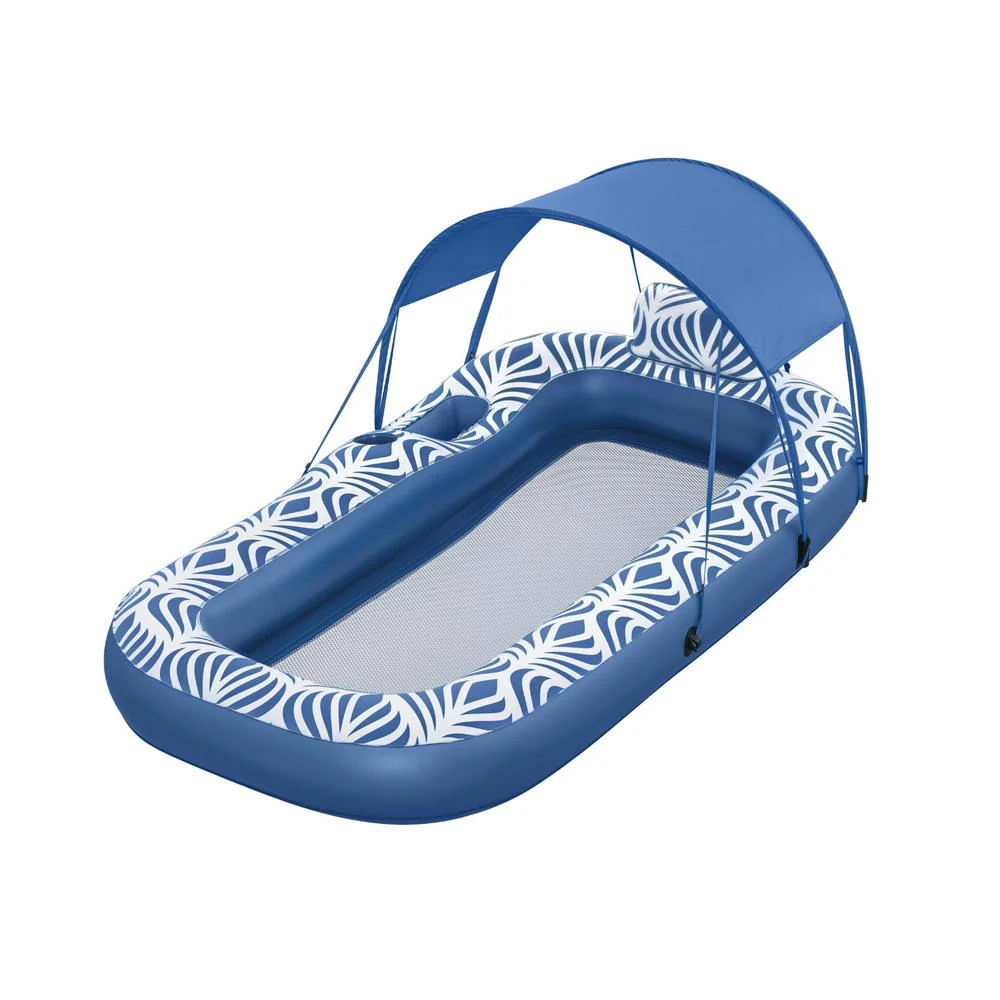 Inflatable Floating Float Lounger with Sunshade Canopy 1.98Mx1.12M Blue - Nurns