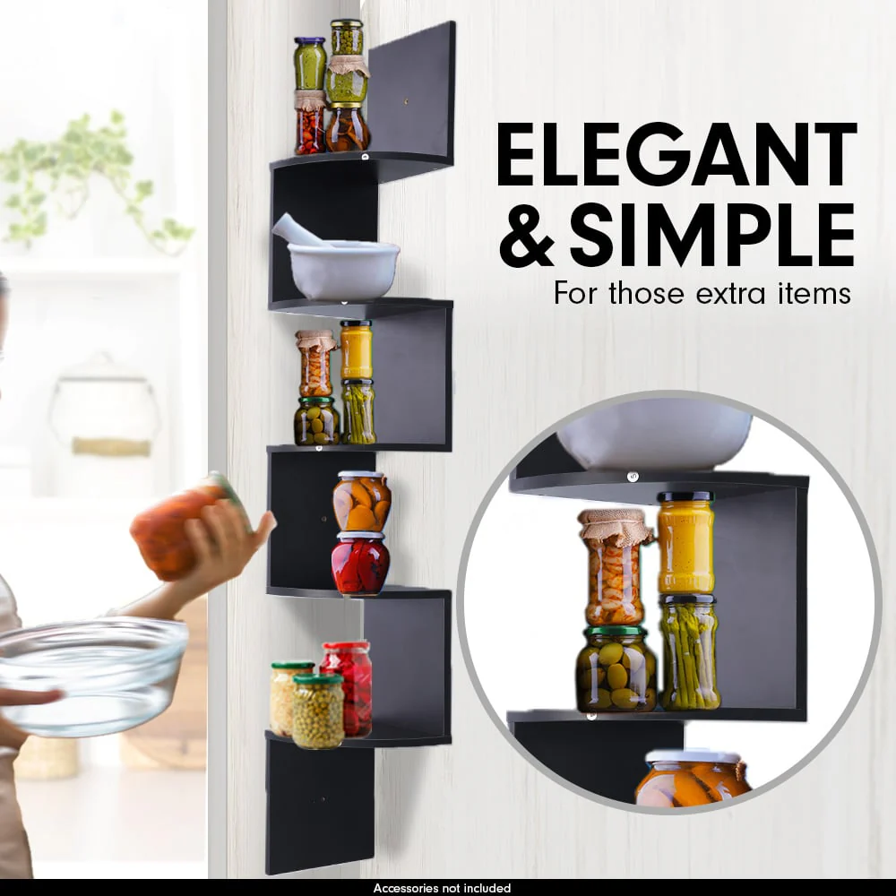 Sarantino 5 Tier Corner Wall Shelf Display Shelves DVD Book Storage Rack Floating Mounted - Black - Nurns