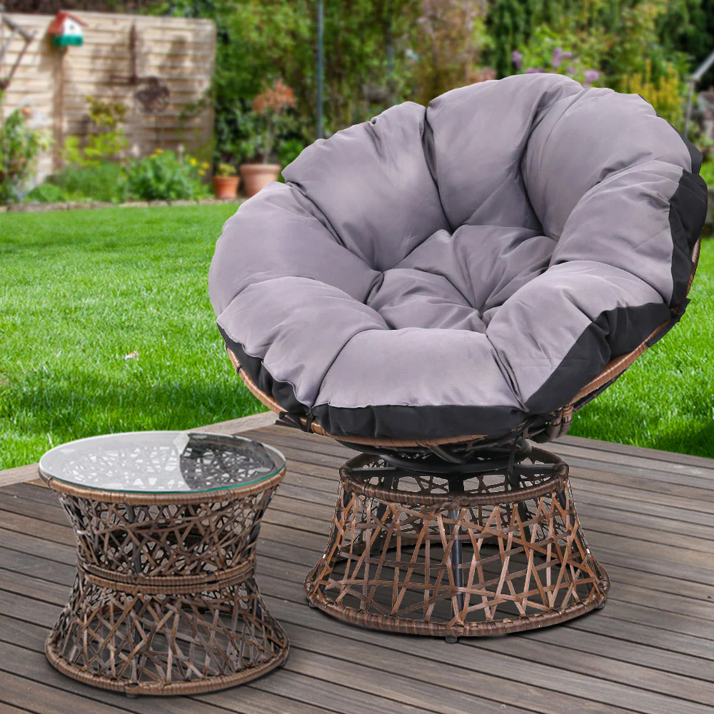 Outdoor Lounge Setting Papasan Chair Wicker Table Garden Furniture - Brown - Nurns