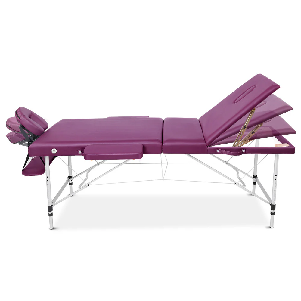 Massage Table 75cm 3 Fold Aluminium Beauty Bed Portable Therapy Violet - Nurns