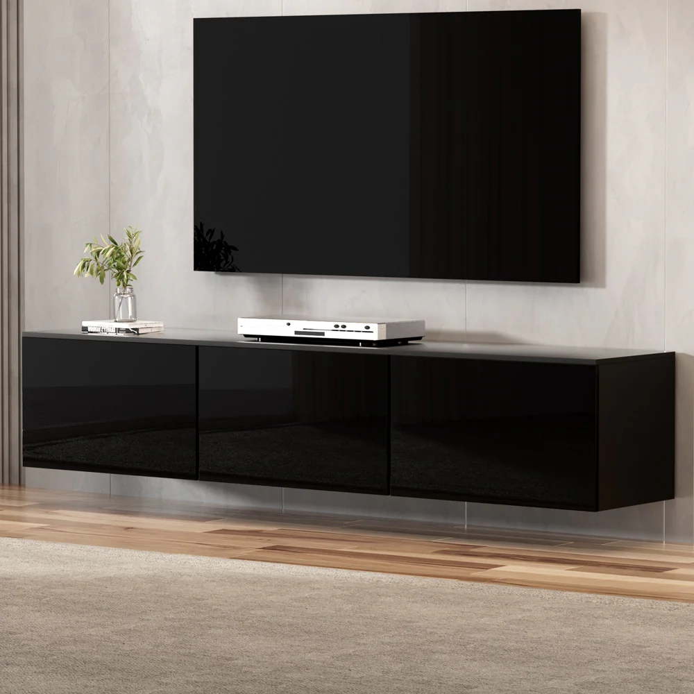 Emberlyn 200cm Floating Entertainment Unit TV Cabinet High Glossy Black 3 Cabinets - Black - Nurns