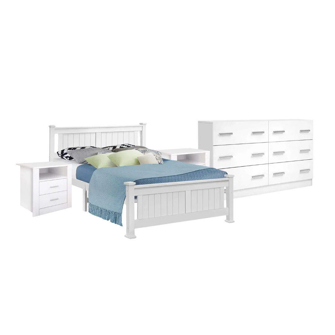 Norwich Single Bedroom Suite 5 Piece 1x Single Mattress, 1x Single Wooden Bed Frame, 2x White Bedside Tables and 1x White Tallboy - Nurns