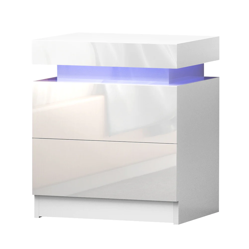 Levis LED High Gloss Bedside Tables Side Table RGB LED High Gloss Nightstand - White - Nurns