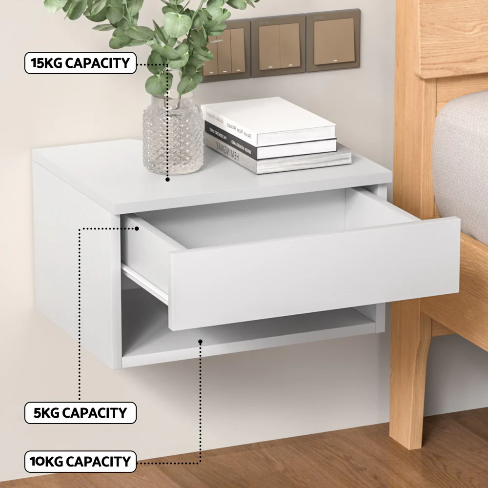 Ontario Wooden Bedside Tables Floating Nightstand - White - Nurns