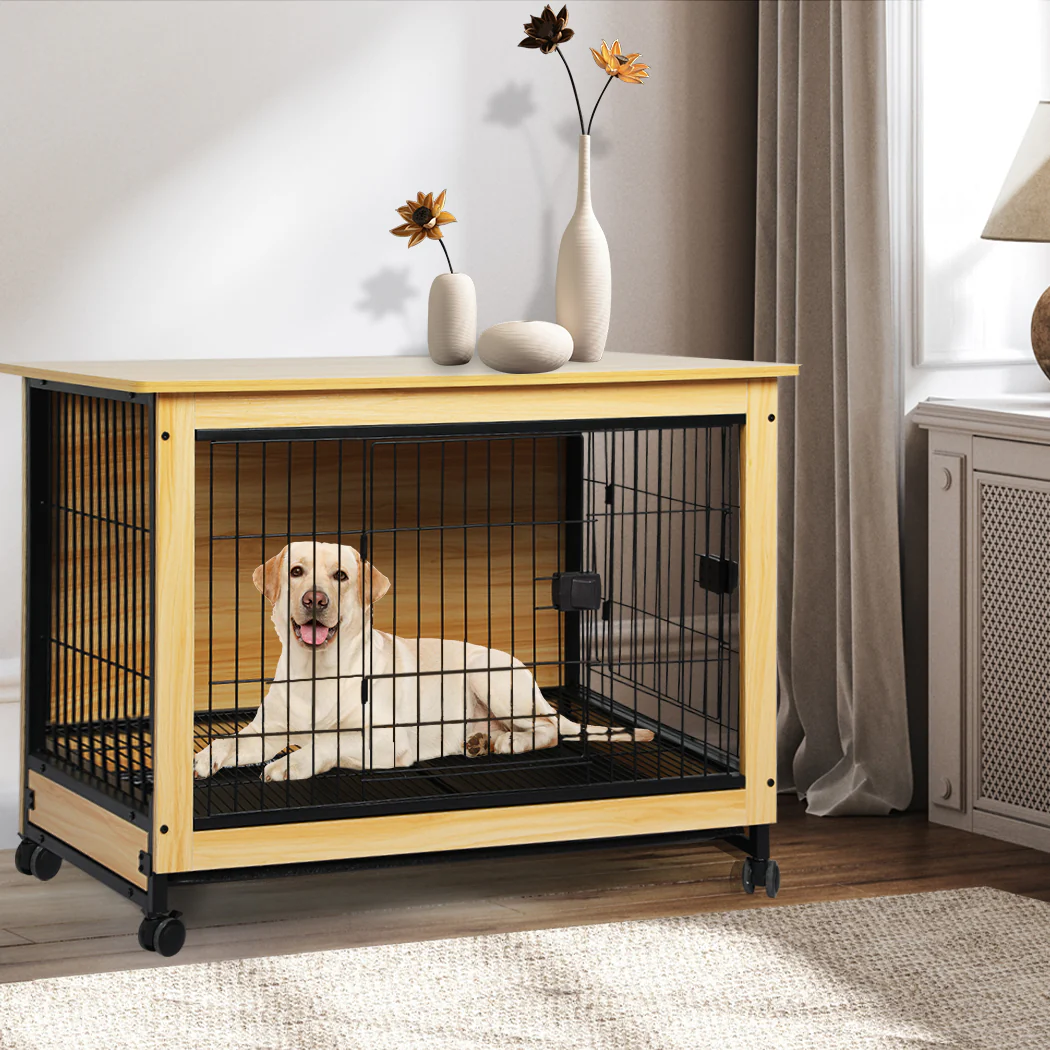 Wooden Wire Dog Kennel Side End Table Steel Puppy Crate Indoor Pet House XL - Wood XL - Nurns