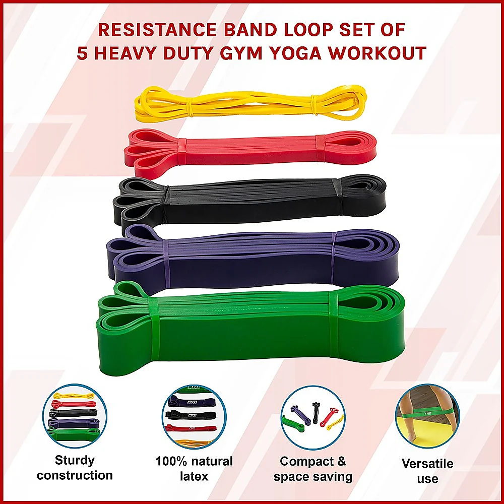 Resistance Band Loop Set of 5 Heavy Duty Gym Yoga Workout - Nurns