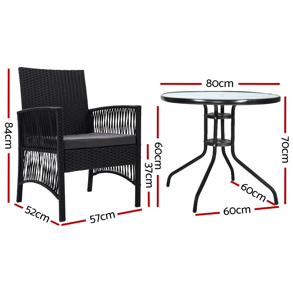 Shanklin 2-Seater Chairs Wicker Garden Patio Cushion Tea Coffee Cafe Bar 3-Piece Outdoor Furniture - Black - Nurns