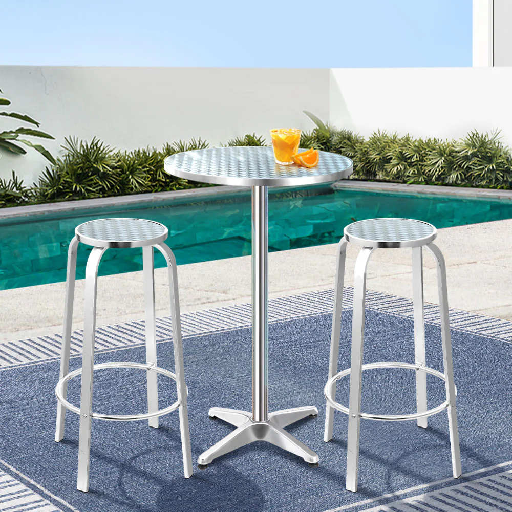 Xander 2-Seater Bar Table Stools Adjustable Aluminium Cafe Round 3-Piece Outdoor Bistro Set - Silver - Nurns