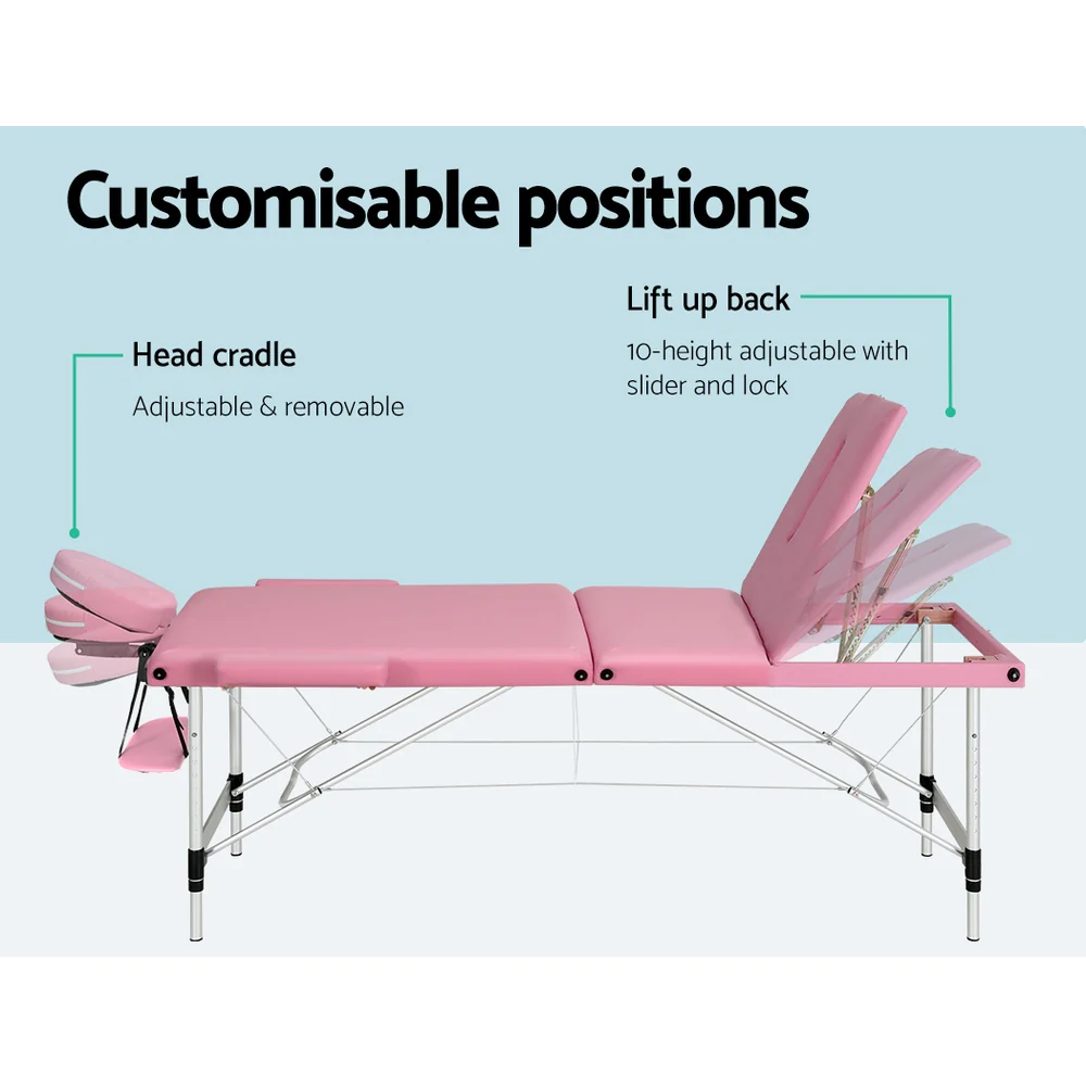 Massage Table 85cm Portable 3 Fold Aluminium Beauty Bed - Pink - Nurns