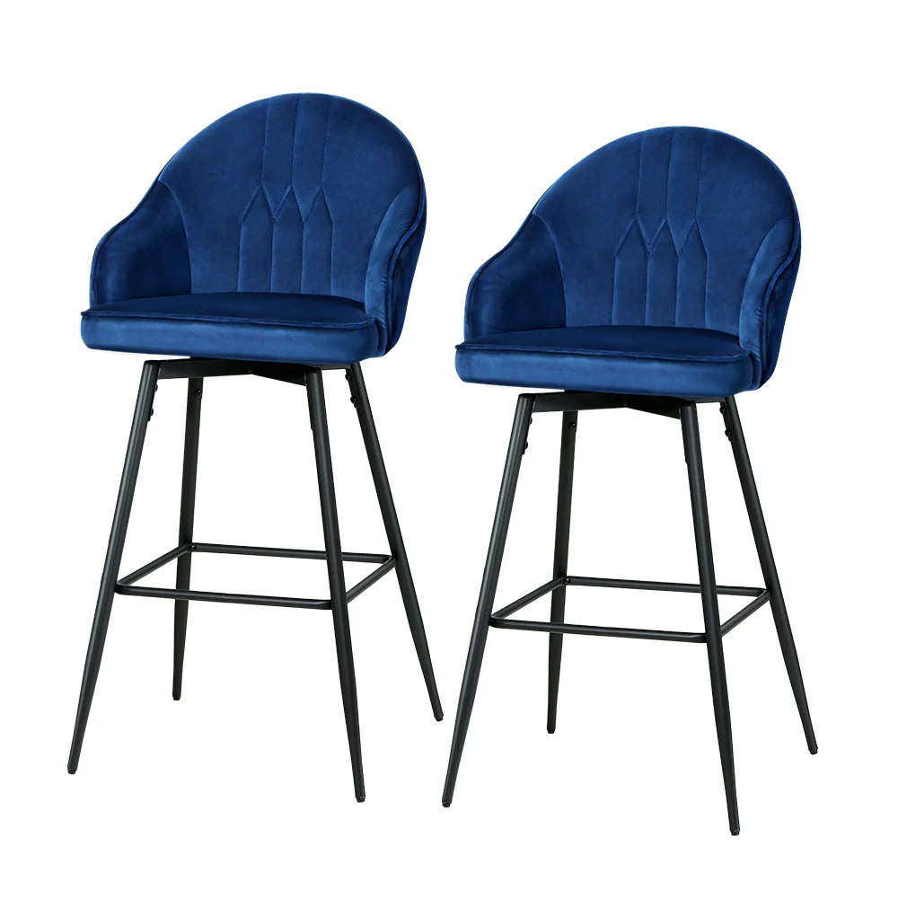 Set of 2 Munich Bar Stools Kitchen Stool Dining Chairs Velvet Chair Barstool - Blue - Nurns