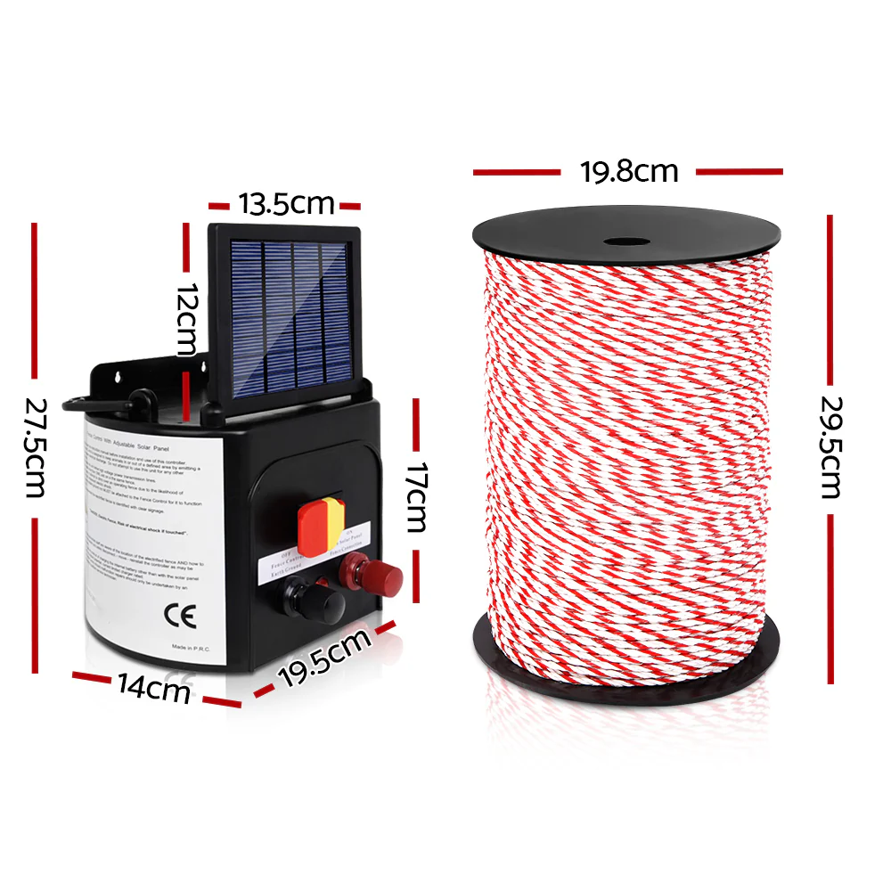 Electric Fence Energiser 5km Solar Powered Charger + 500m Rope - Nurns