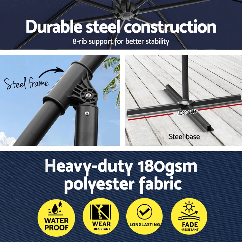 Instahut 3m Outdoor Umbrella w/Base Cantilever Garden Beach Patio Navy - Nurns