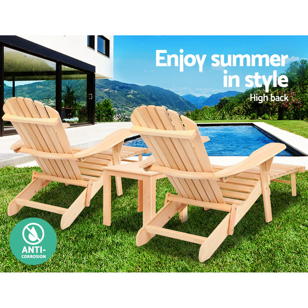 Adirondack Gardeon 3PC Outdoor Table and Chairs? Wooden Sun Lounge Beach Patio Natural - Nurns