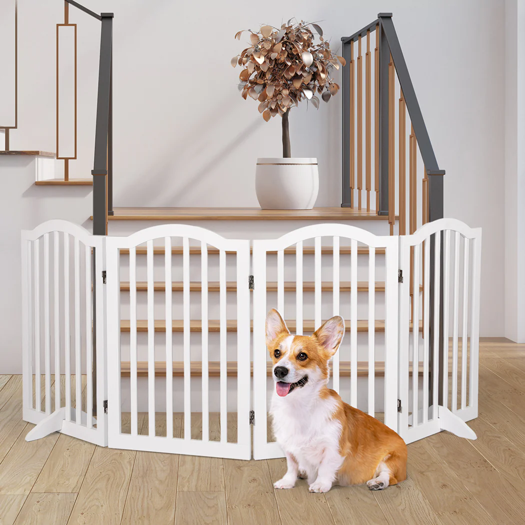 Wooden Pet Gate Dog Fence Safety Stair Barrier Security Door 4 Panels White - White - Nurns