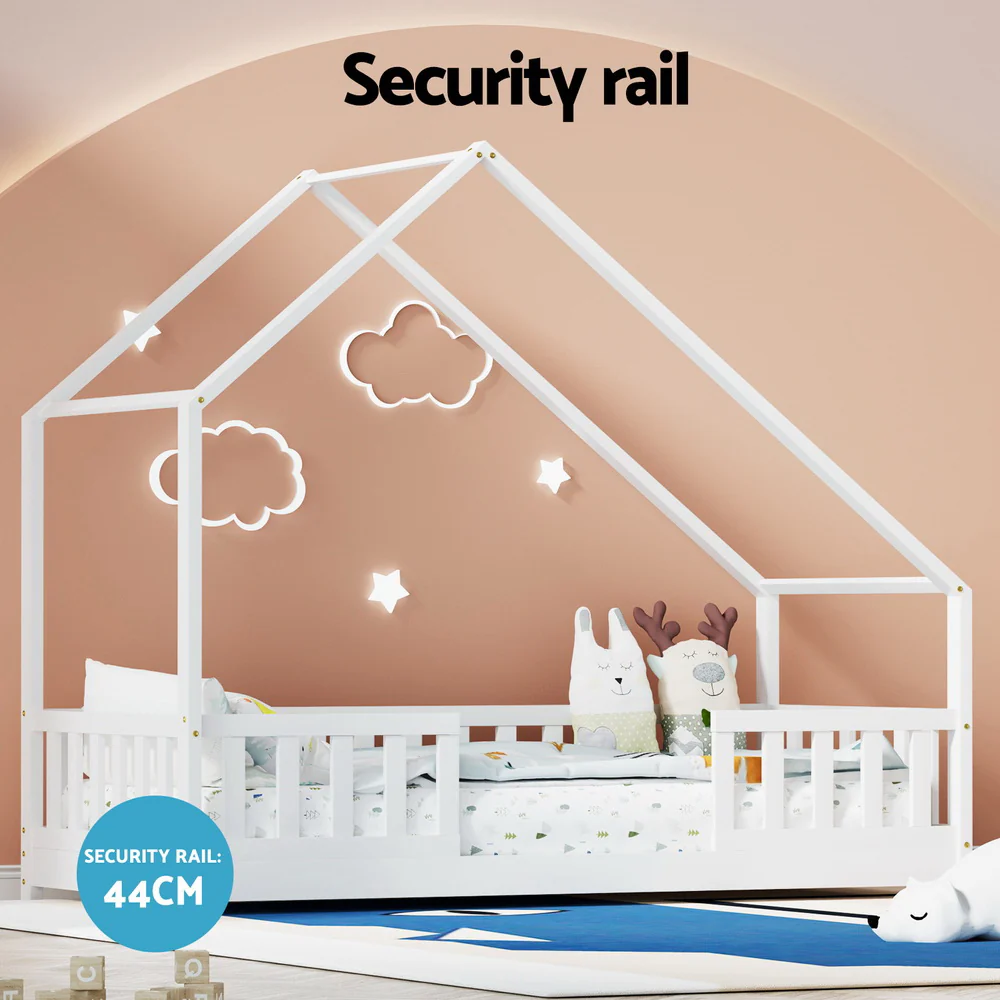 Mila Bed Frame Wooden Kids House - White Single - Nurns