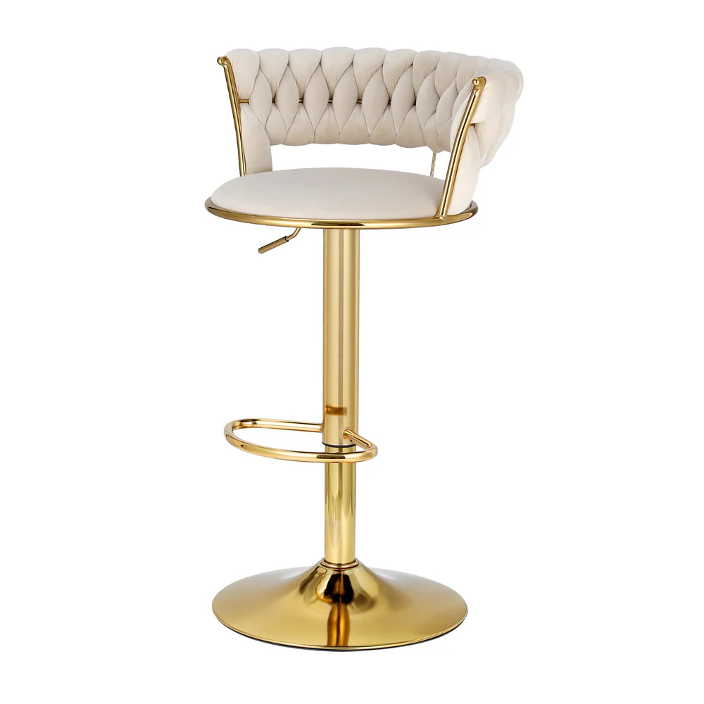 Saldus Bar Stools Gas Lift Velvet Woven Backrest - Ivory & Gold - Nurns