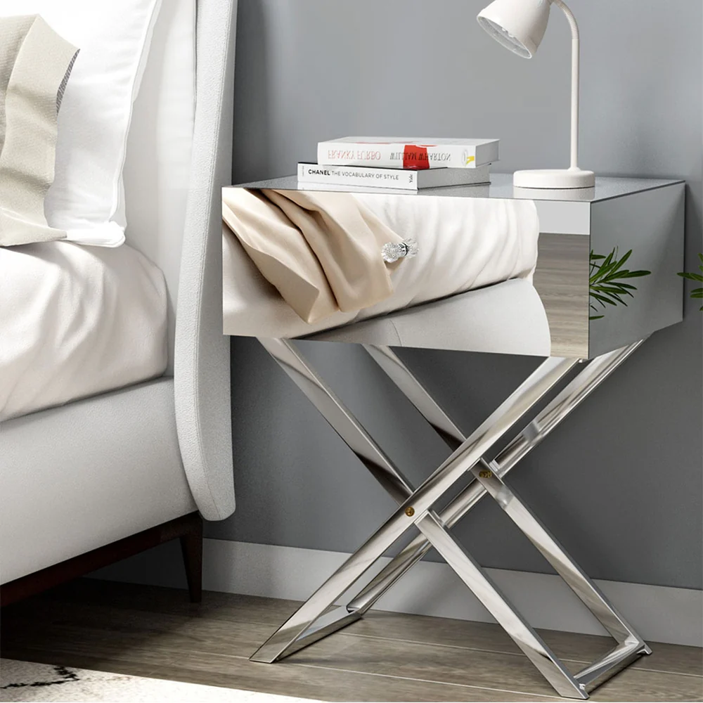 Surrey Mirrored Bedside Tables Side End Table Drawers Nightstand Bedroom - Silver - Nurns