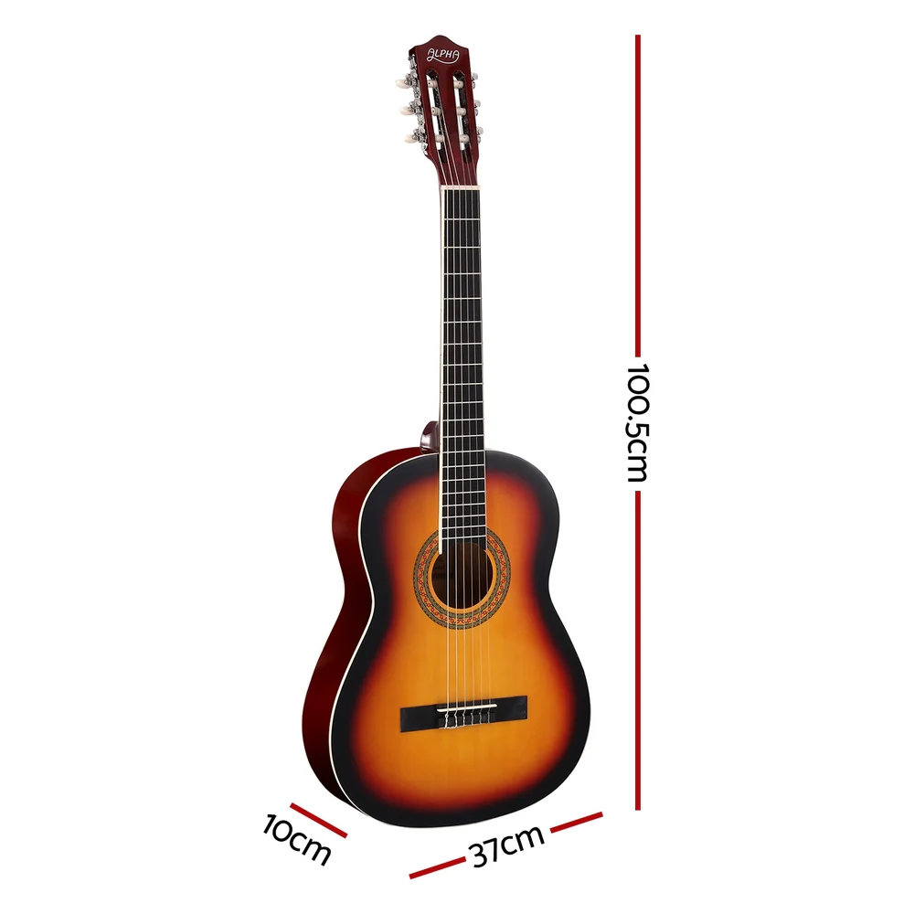 Alpha 39 Inch Classical Guitar Wooden Body Nylon String Beginner Gift Sunburst - Nurns