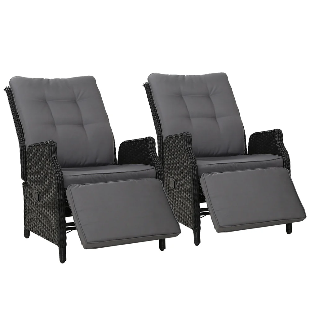 Moore Set of 2 Recliner Chairs Setting Outdoor Furniture Patio Wicker Sofa - Black - Nurns