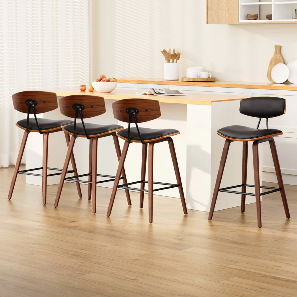 Set of 4 Cosenza PU Leather Circular Footrest Bar Stools - Black - Nurns
