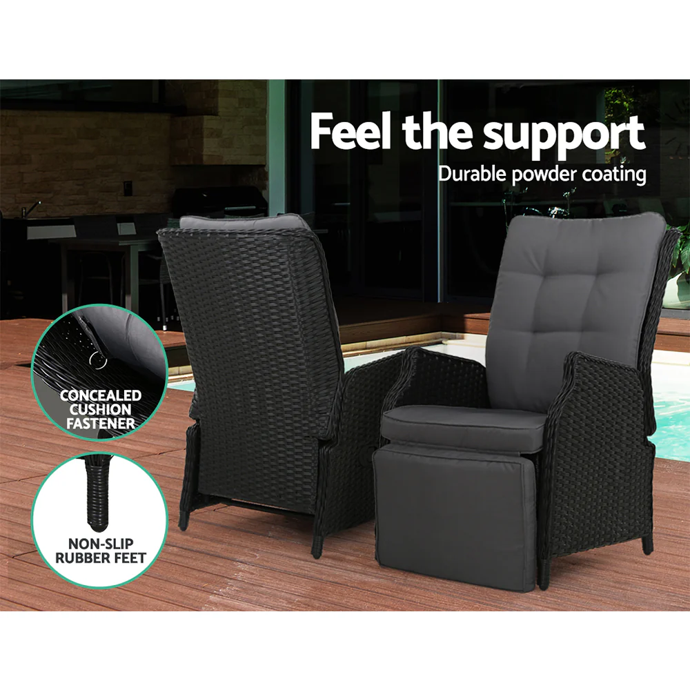 Moore Set of 2 Recliner Chairs Setting Outdoor Furniture Patio Wicker Sofa - Black - Nurns