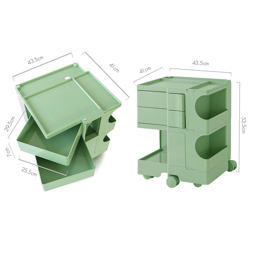 Vernon PP Plastic Bedside Tables Side Tables Nightstand Organizer Replica Boby Trolley 3 Tier with 2 Drawers - Green - Nurns