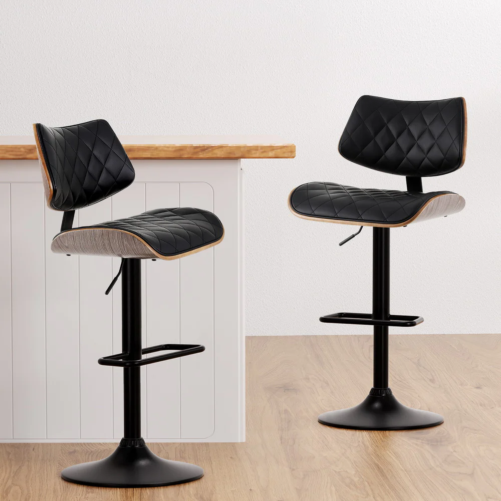 Moscow Bar Stools Kitchen Dining Chairs Gas Lift Stool Wooden Leather - Black - Nurns