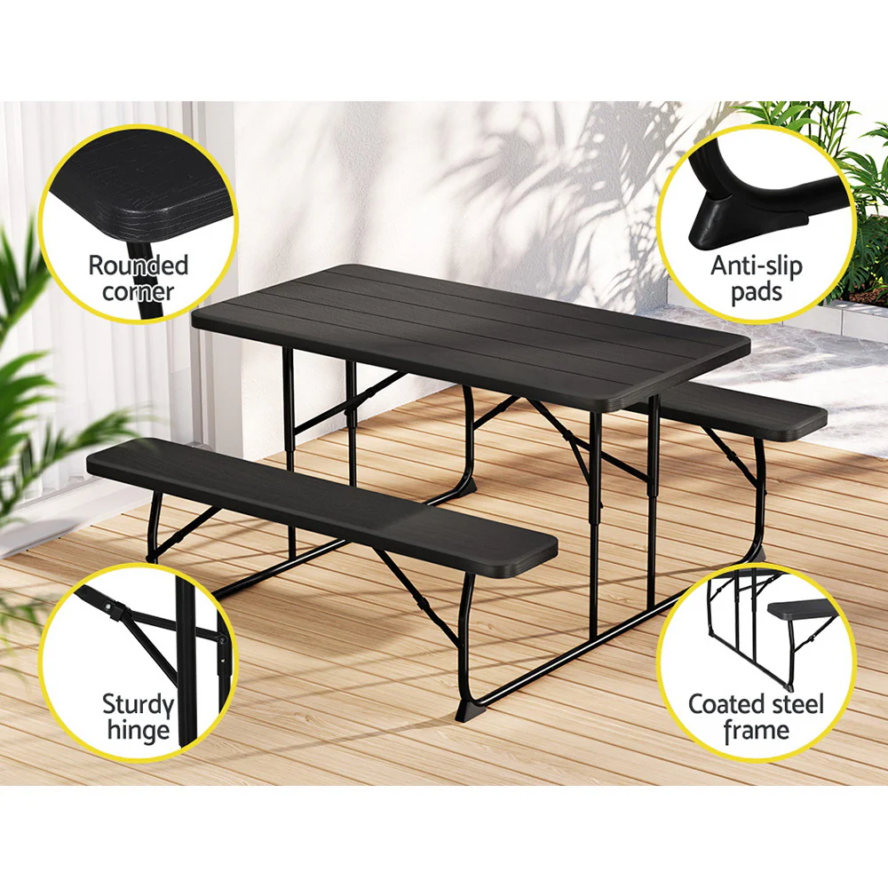 Holden 4-Seater Picnic Patio Bench Camp Folding Table 3-Piece Outdoor Dining Set - Black - Nurns