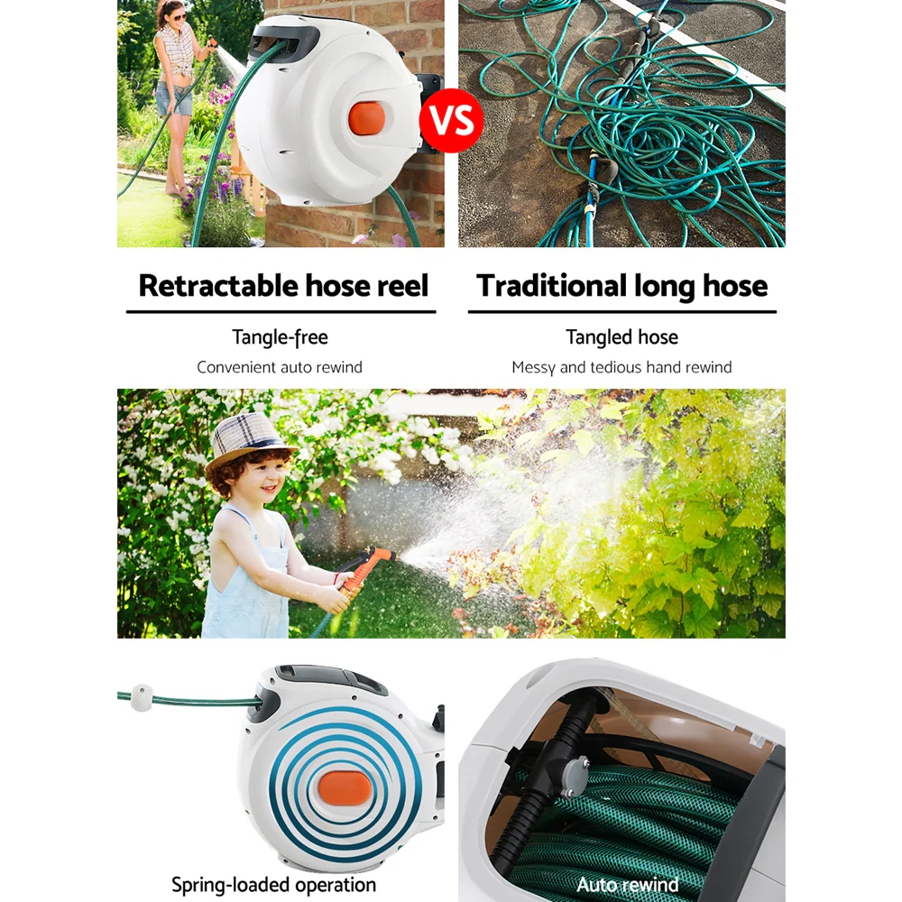 Retractable Hose Reel 30M Garden Water Brass Spray Gun Auto Rewind - Nurns