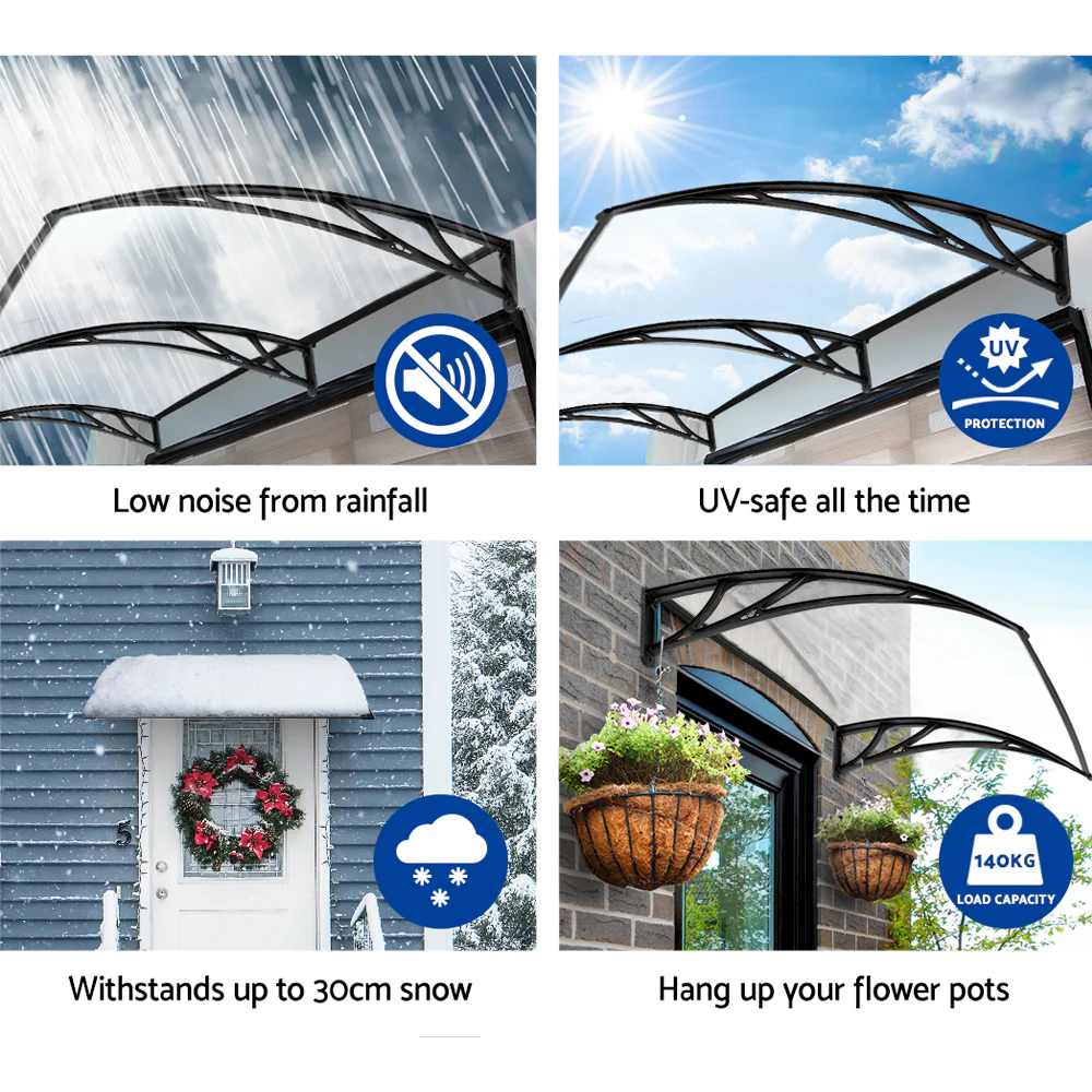 Instahut Window Door Awning Canopy 1mx2m Transparent Sheet Black Plastic Frame - Nurns
