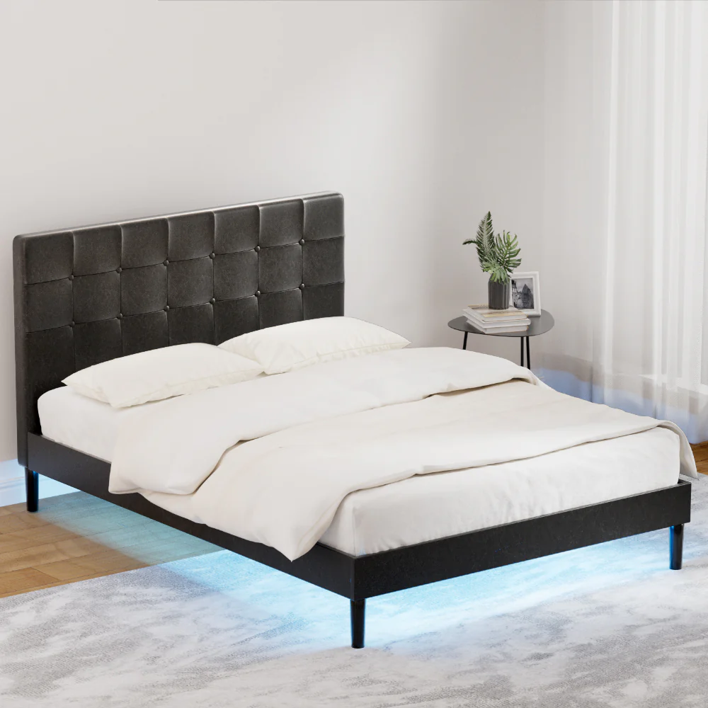 Eloise Bed Frame Base with LED Lights Charge Ports Leather - Black Double - Nurns