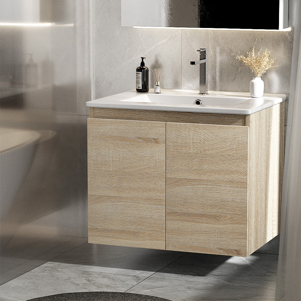 Vanity Unit Basin Cabinet Storage Bathroom Wall Mounted Ceramic 600mm Oak - Nurns