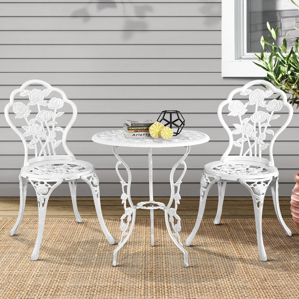 Caspian 2-Seater Chairs Table Aluminium Bistro 3-Piece Outdoor Furniture - White - Nurns