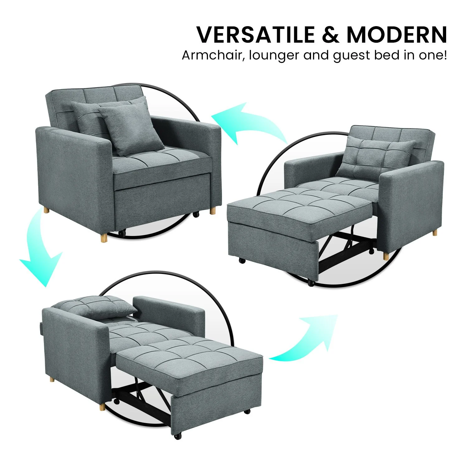 Millicent 3-in-1 Convertible Sofa Chair Bed - Grey - Nurns