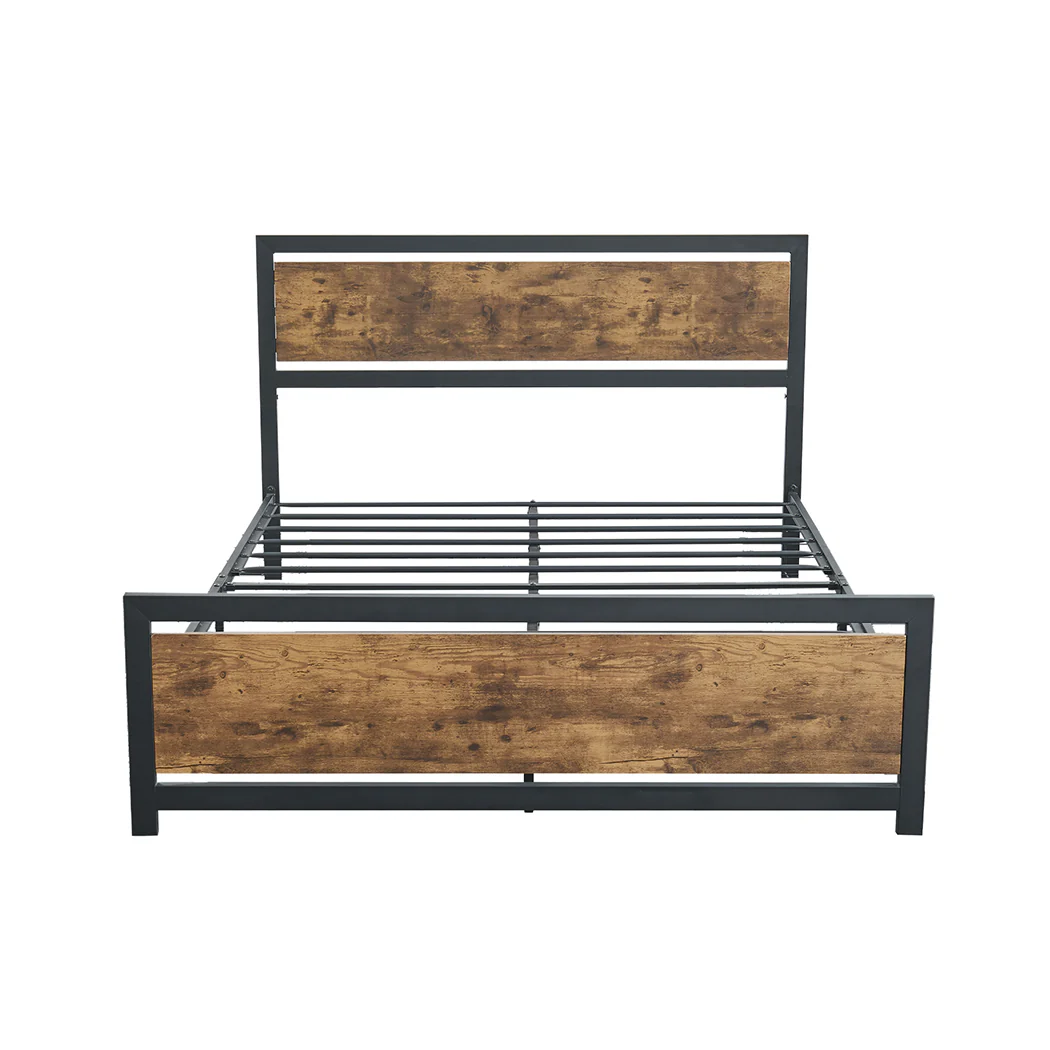 Levi Metal Bed Frame Platform Wooden Industrial Rustic - Black & Wood Double - Nurns