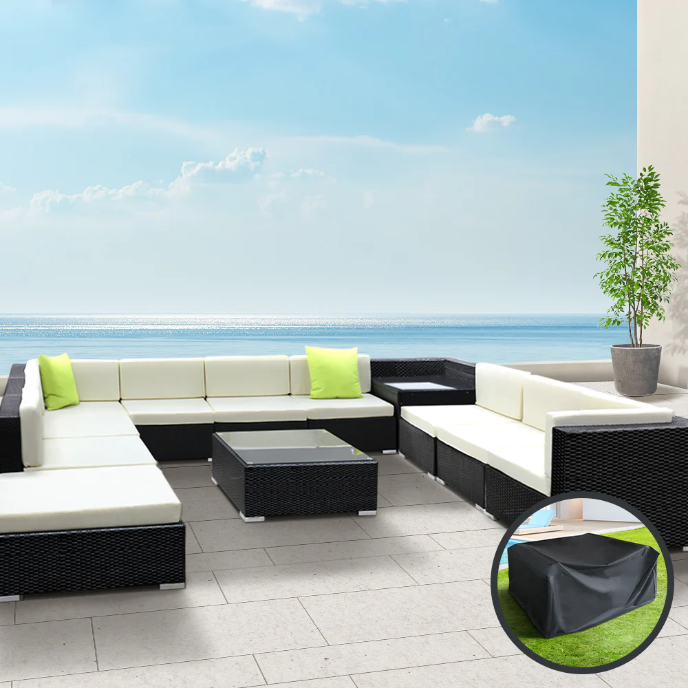 Chester 11-Seater Outdoor Set Furniture Wicker 12-Piece Sofa with Storage Cover - Black - Nurns