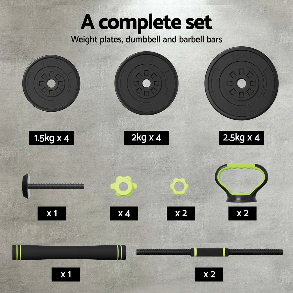 Everfit 25kg Adjustable Dumbbells Set Kettle Bell Weight Plates Barbells Gym - Nurns