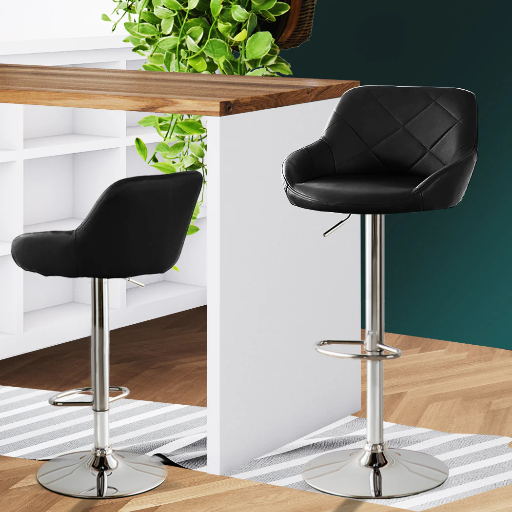 Set of 2 Tours Bar Stools Kitchen Barstools PU Leather Chairs Gas Lift Swivel - Black - Nurns