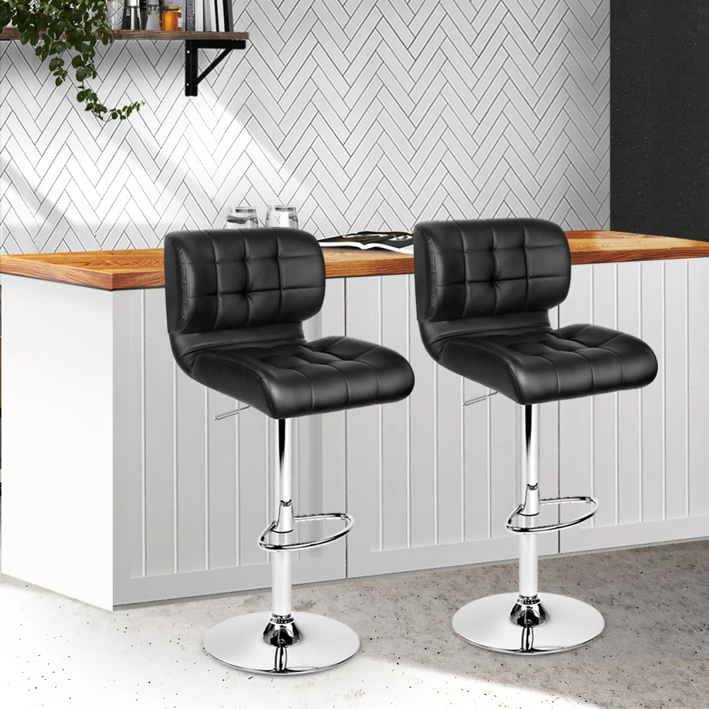 Set of 2 Genoa PU Leather Gas Lift Bar Stools - Black & Chrome - Nurns