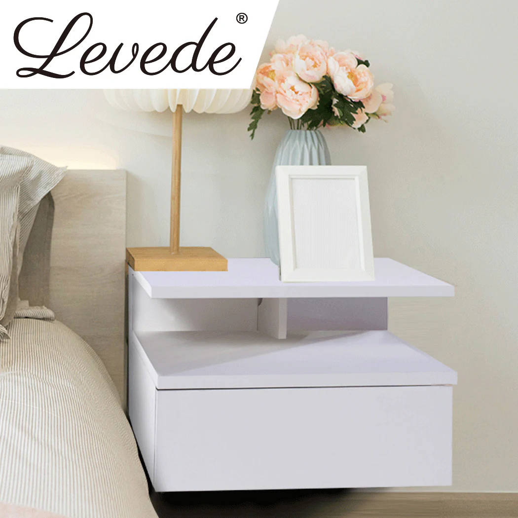 Set of 2 Digby LED Bedside Tables LED Wall Mounted Cabinet Side Table Floating Nightstand X2 - White - Nurns