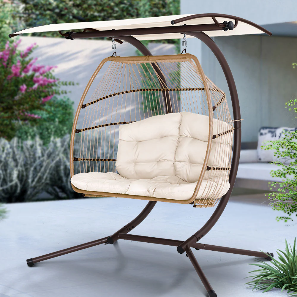 Bryce Egg Swing Chair Rattan Double Hanging Wicker with Stand - Latte - Nurns