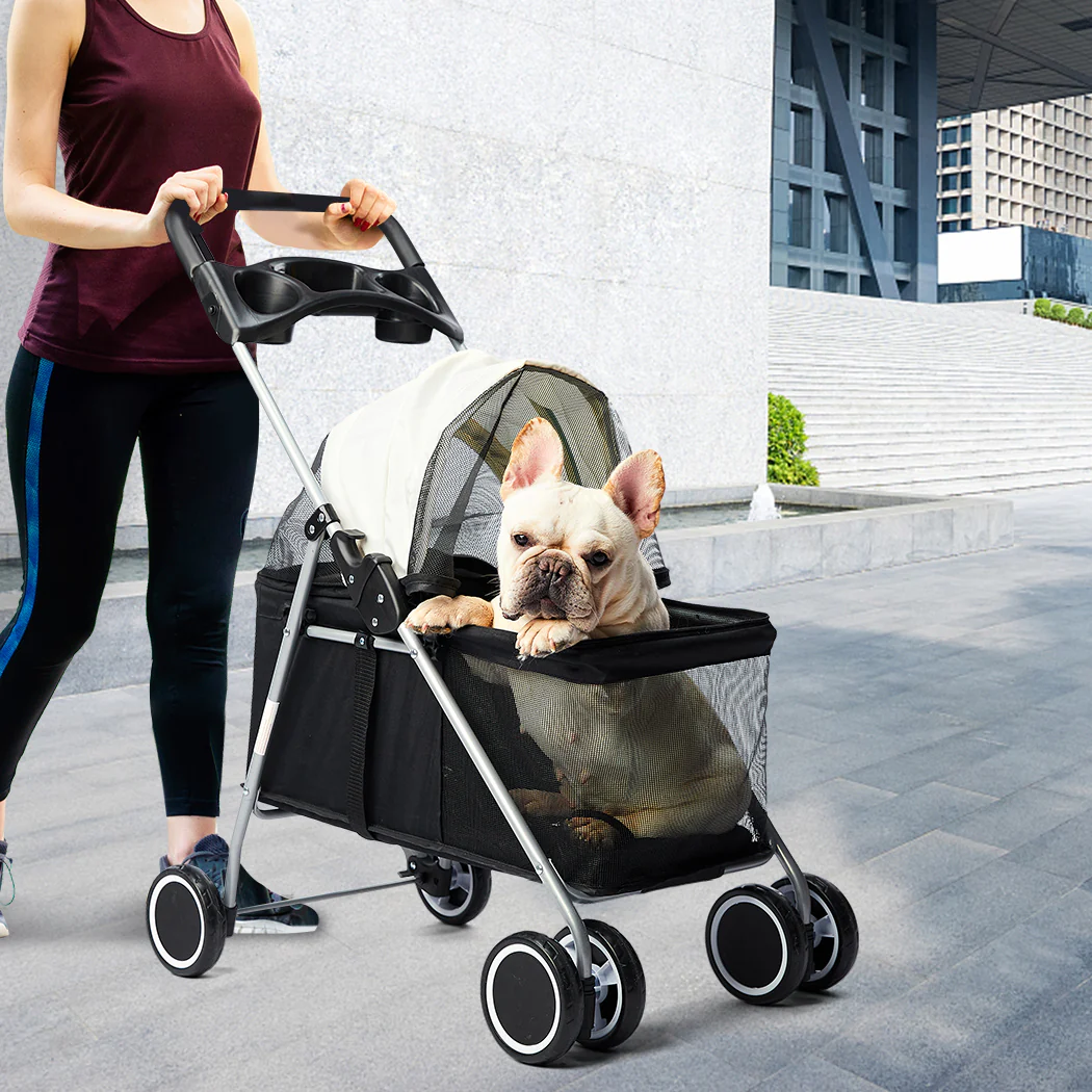 Pet Stroller Dog Cat Pram Foldable Carrier Travel 4 Wheels Pushchair Black Large - Nurns