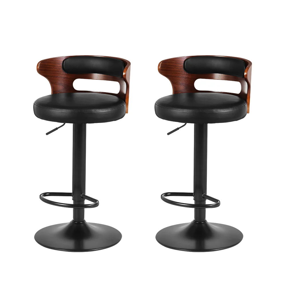 Set of 2 Caen Bar Stools Kitchen Wooden Gas Lift Leather Stool Metal Barstools - Black - Nurns