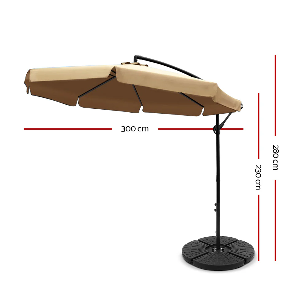 Instahut 3m Outdoor Umbrella w/Base Cantilever Garden Patio Beach Beige - Nurns